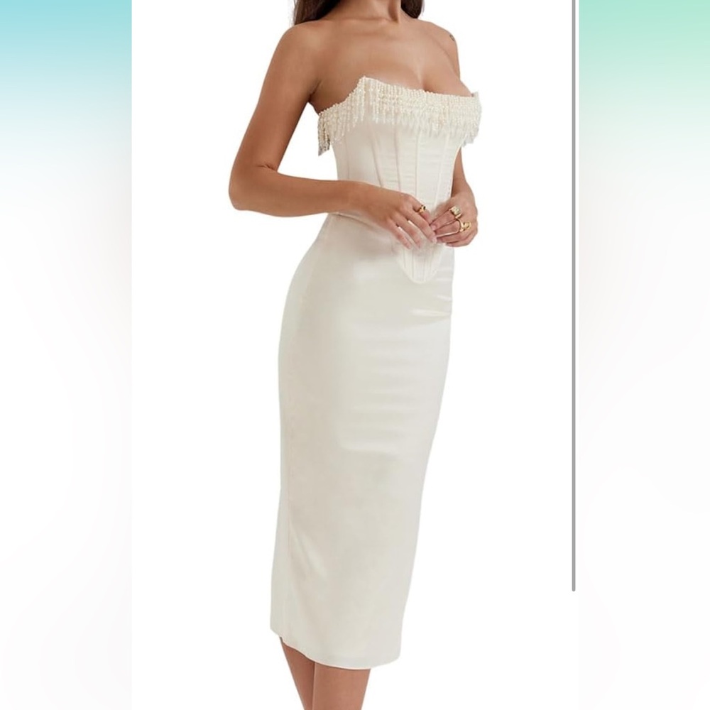 White midi dress with pearl detail